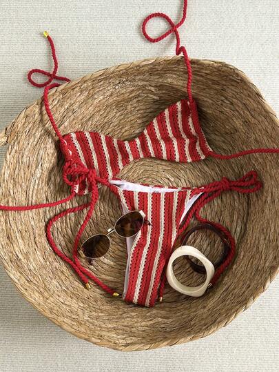 Swim Vcay Red Striped Braided Bikini Set, Beach Vacation, Spring/Summer 2026 New Women's Swimwear ArrivalFor School,Suitable For Holiday, Date, Afternoon Tea, Western, Cruise, Beach, Island, Road Trip, All Seasons, Music Festival, Boho Vacation,Bohemian Vacation, Chill Autumn ,Western Boho ,Elegant Tops For Women Red Striped Bikini Red Bikini Set Striped Bathing Suit Bikini Set Crochet Red Striped Swimwear Bikini Set Red Red Bathing Suits Beach Accessories