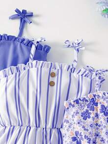 SHEIN Elladie kids Combinaison décontractée pour jeune fille avec motifs floraux, rayures et couleurs unies - Bleu azur - Voir 5