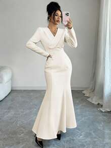 Elenzga 女士优雅不对称翻领纽扣腰部喇叭下摆长袖连衣裙，适合休闲、通勤、现代都市、度假、下午茶、圣诞节、正式派对等场合 - 杏色 - 查看 5