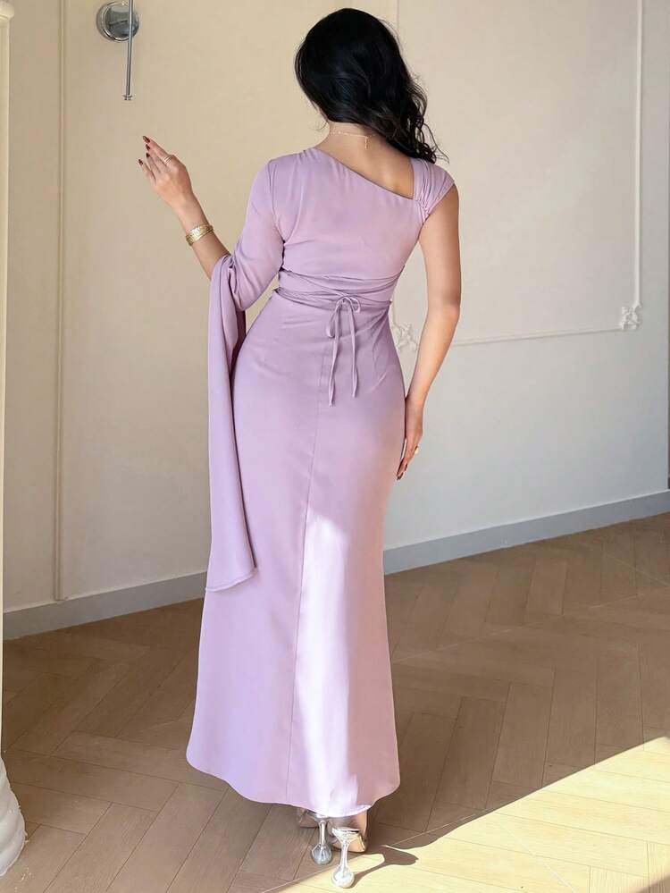 Modelyn فستان أنيق بأكمام طويلة مطوية وخصر مشدود باللون الأحادي، مناسب للحفلات والمناسبات - وردي - مشاهدة 6