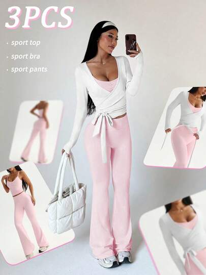 Sovereign Charm 3pcs Women's Sports Suit Set, Includes Long Sleeve T-Shirt, Adjustable Strap Top, And High Waist Flared Pants, Suitable For Daily Casual Wear, Running, Yoga, Gym, Tennis, All Seasons
