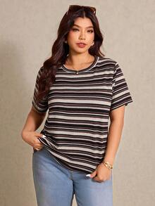 Elaquor Plus Size Vacation Color Block Striped Casual Summer Short T-Shirt - Multicolor - View 4
