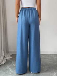 Chiquease Women's Dusty Blue Summer Casual Vacation High-Waisted Wide-Leg Pants,Textured Fabric Single-Breasted Pleated Flowing Loose Trousers For Work,Daily - Blue - View 3