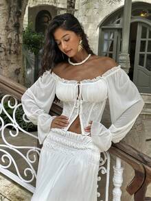 Opulessa Elegant Casual Beach Wedding Vacation White Women's Solid Color Off-Shoulder Long Sleeve Blouse, Spring/Summer Boho - White - View 6