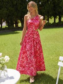 KARISMINA Vestido rosa de mujer con escote asimétrico elegante, adecuado para vacaciones de primavera/verano - Rosa - Ver 4