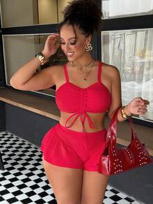Swim Vcay Conjunto de Maiô Vermelho Sólido com Cordão Ajustável e Plus Size, Novidade de Verão 2026 - Vermelho - Visão 3