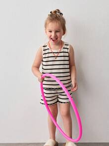 Maija Kids 2件套 女童撞色蝴蝶结圆领无袖上衣和松紧腰短裤 - 黑色 - 查看 4