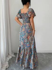 Elenzga 女士优雅时尚通勤休闲舒适迷人复古浪漫假日荷叶袖方领露脐上衣和A字迷你裙两件套 - 彩色 - 查看 2