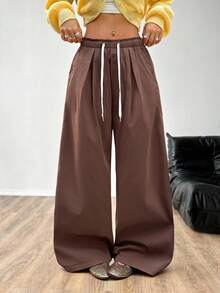 SHEIN EZwear Brown Pants Women's Brown Woven Solid Color Casual Pants - Coffee Brown - View 1