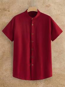 EASEVO Plus Size Men's Casual Solid Color Button-Up Shirt, Summer - Red - View 2