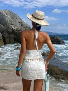 Fashionable Ivory White Knit Halter Top With Starfish Pendant Necklace,Summer Casual Vacation Holiday Beach Elegant Party Clubs Date Night Out - White - View 3