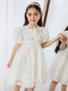 Elladie kids 1件女童休闲圆领拉链后背欧根纱玫瑰花装饰泡泡袖A字连衣裙，百搭白色，适合生日派对、夏季等场合 - 杏色 - 查看 5