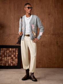 AKNOTIC Business Casual 男士休闲花卉纽扣针织毛衣，秋冬男士开衫毛衣，男士针织花卉钩编毛衣外套 - 杏色 - 查看 4