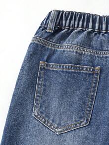 SHEIN Quần short denim dáng rộng, cạp chun, màu xanh bạc phai, thêu hình ngôi sao, phong cách đường phố Y2K dành cho bé gái tuổi teen. - Rửa trung bình - Xem 7