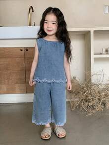DAZY 2件套女婴水洗浅色韩版衬衫和宽松休闲牛仔裤套装 幼儿女童服装 - 藍色 - 查看 5