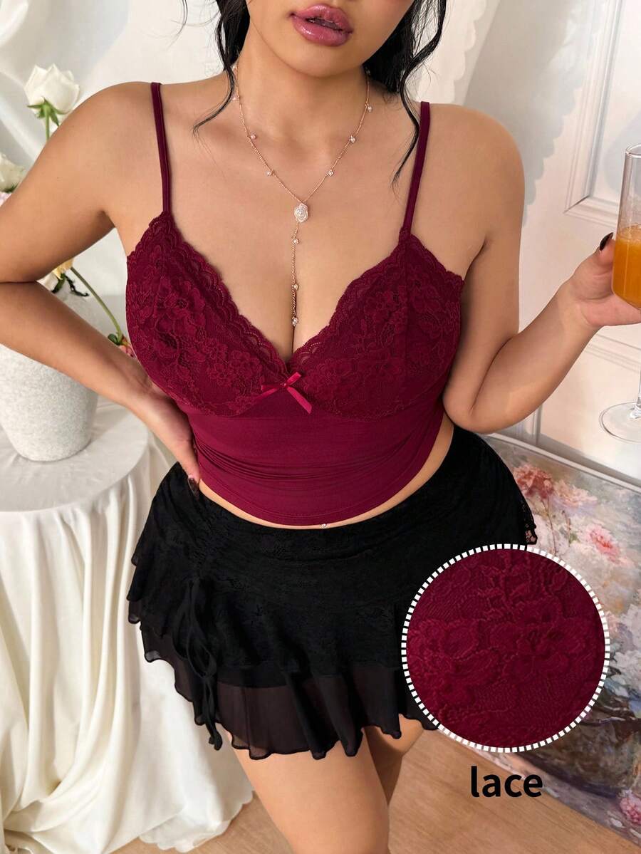 CovetEZ 大码女式休闲纯色蕾丝吊带背心 - 酒紅色 - 查看 1