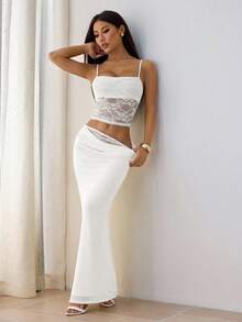 SHEIN PETITE 女款白色夏季優雅夜店風蕾絲拼接透視兩件式套裝，露背上衣＋長裙套裝，適合節慶音樂宴會穿著，適合嬌小女性 - 白色 - 查看 5