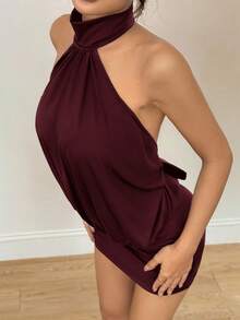 SHEIN PETITE 高领露背吊带迷你连衣裙 - 中紫紅色 - 查看 6