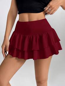 SHEIN PETITE Women's Double Layer Ruffle Hem A-Line Short Skirt Red Ruffle Skirt - Burgundy - View 6