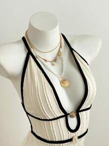 Elamini 女士杏色提花深V领露背修身休闲度假长裙 - 杏色 - 查看 3