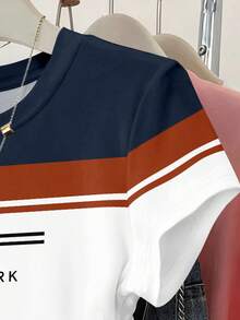 Resyla 女士收腰短袖修身褶皱腰部上衣 纽约字母印花图案短袖条纹T恤 - 彩色 - 查看 4