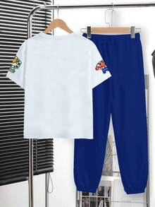2pcs Tween Boy Casual Y2K Graffiti Letter Print Short Sleeve T-Shirt And Pants Set, Suitable For Spring/Summer - White - View 3