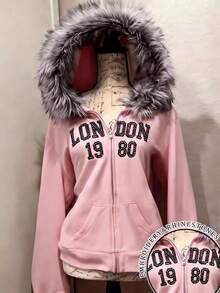 Glimmora Women's Regular Rhinestone Letter Embroidered Long Sleeve Hooded Zip-Up Sweatshirt - Dusty Pink - View 1