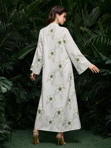 Al Najma 女士杏色编织刺绣流苏吊坠长袖优雅阿拉伯连衣裙，春夏款 - 杏色 - 查看 2