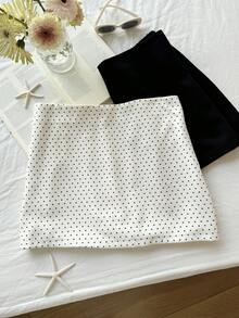 Comfortcana 2pcs Plus Size Women Casual Solid Color & Polka Dot Print A-Line Skirt Set, Solid Color Skirt + Polka Dot Skirt With Leggings Two Piece Skirt Matching Set Skirt Black And White Skirt - Black and White - View 5