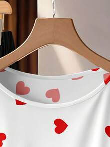 SHEIN Clasi 2pcs Set: Casual Minimalist Red Heart Print Tie Front Blouse & Loose Straight Leg Pants, Suitable For Spring/Summer Spring - Multicolor - View 4