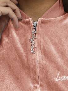 BABYPHAT 复古丝绒拉链卫衣，饰有白色撞色滚边细节和长袖，休闲舒适。 - 珊瑚粉 - 查看 5
