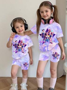 2pcs/Set Young Girls Casual K-POP Cartoon Girl Tie-Dye Pattern Short Sleeve Knit T-Shirt And Matching Tie-Dye Shorts Set, Girls Everyday & Holiday Comfortable Knit Outfit, Sporty Fashion Set For Summer