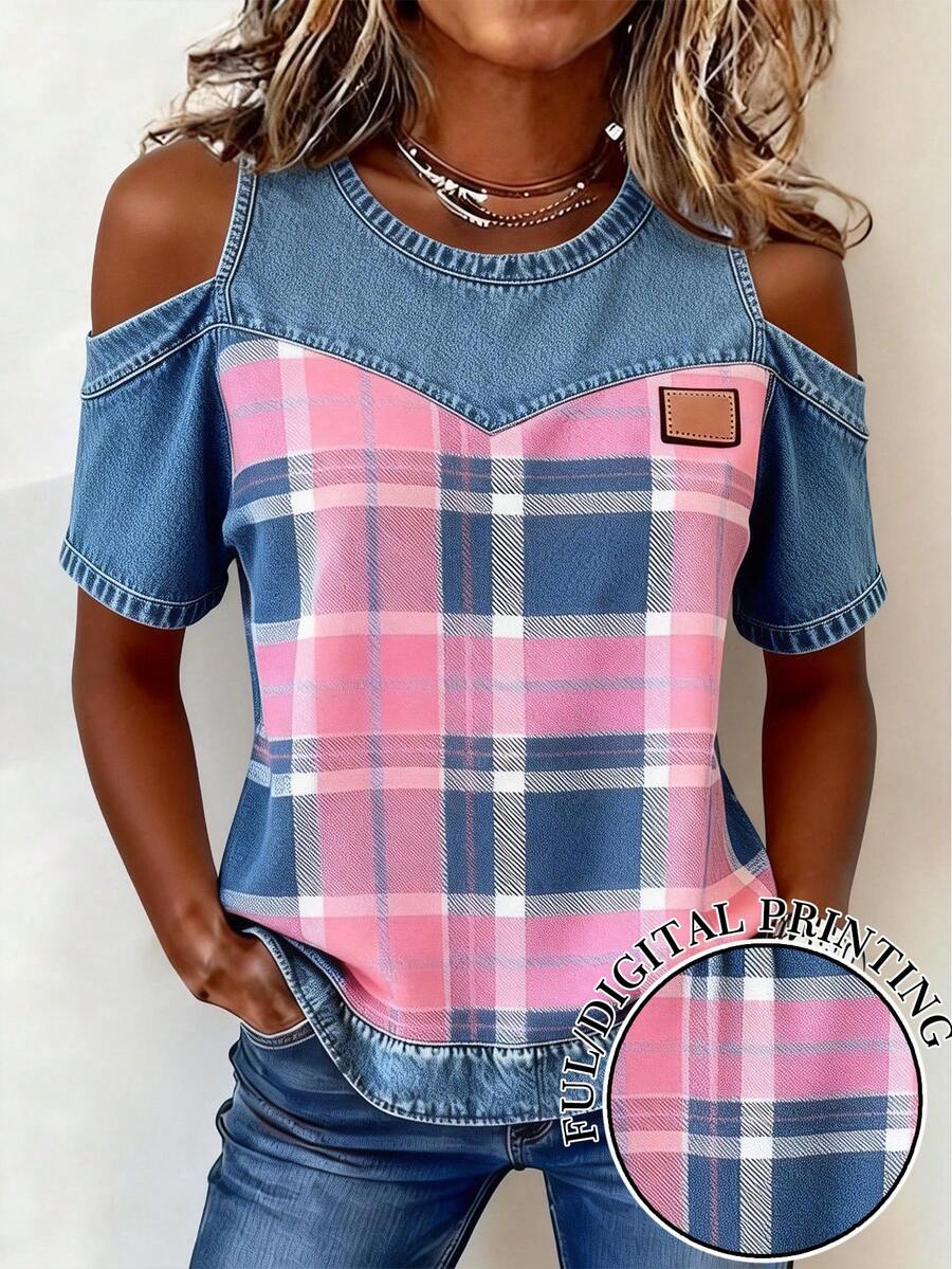 EMERY ROSE New Plaid Denim Effect Off-Shoulder Casual Sexy Versatile Regular Blouse For Women - Red - View 1