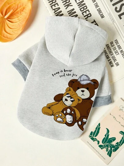 PETSIN 1 pieza Gorro con capucha de ropa de mascota gris claro gruesa y cálida para otoño/invierno con diseño de oso lindo y letras impresas