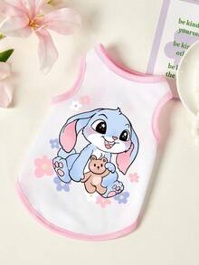 PETSIN 一件可爱蓝色兔子拥抱泰迪熊花朵印花宠物背心，粉色滚边，透气亲肤宠物服装 - 彩色 - 查看 1