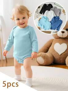 SHEIN Playful Pals 5件套男女宝宝多色长袖连体衣，适合日常穿着、外出、居家、度假、聚会，适合春、夏、秋季，男女宝宝轻薄长袖T恤，中性婴儿服装，男女宝宝套装，新生儿服装 - 彩色 - 查看 4