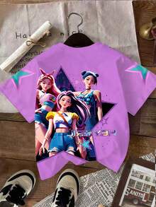 1件可爱韩流女孩印花宽松粉色短袖上衣，适合春、夏、秋、冬四季穿着，情人节送给女孩的绝佳礼物 - 淡紫色 - 查看 2