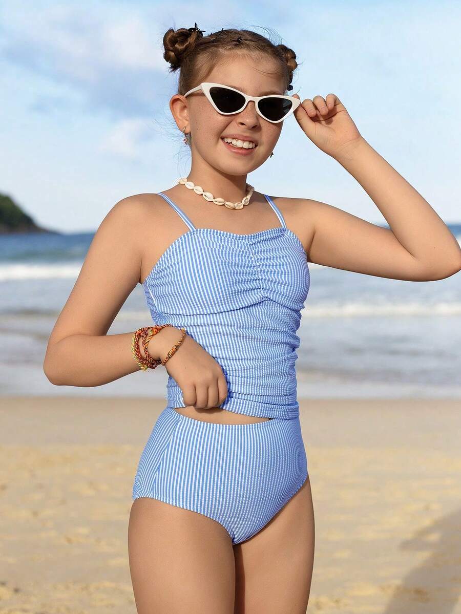 SHEIN Girls' Two Pieces Tankini Swimsuit, Blue Striped Swimsuit For Girls, Teen Girls' Swimsuit, Blue Striped Teen Girl' Swimsuit, Girls' Blue Swimwear, Summer Vacation Summer Vacation Thermal Christmas Holiday Festival New Years Valentines Swim Seashell Bathing Suit Beach Clothes High Waist Swimsuit Set Summer Two Piece Bathing Suit Set One Piece Bathing Suit Full Coverage Blue One Piece Swimsuit Teen Swimsuits Casual Petite Swimwear Blue Stripes Swim Suit Teens Girls Sky Blue Swimsuit Girls Blue Striped Tankini Teen Blue Stripe Swimwear