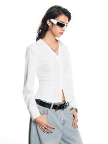 Airlisse Women's Fashion Turndown Collar Deep V-Neck Long Sleeve Cropped Ruched Fitted Shirt,White Autumn Chic Night Out Blouses Western Tops Y2K White Tops - White - View 5