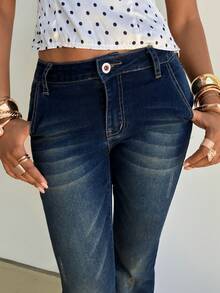 Aloruh Jeans de tiro bajo y campana casual lavados para mujer - Azul - Ver 6