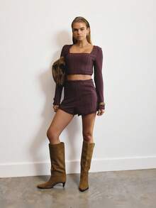 Aralina 2pcs Women Solid Color Lace Patchwork Square Neck Long Sleeve Top And Shorts Set - Burgundy - View 9