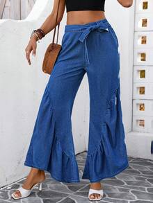 SHEIN Holidaya Quần jeans ống loe màu trơn, có bèo nhún thắt nút ở gấu quần. - Màu xanh lam - Xem 1