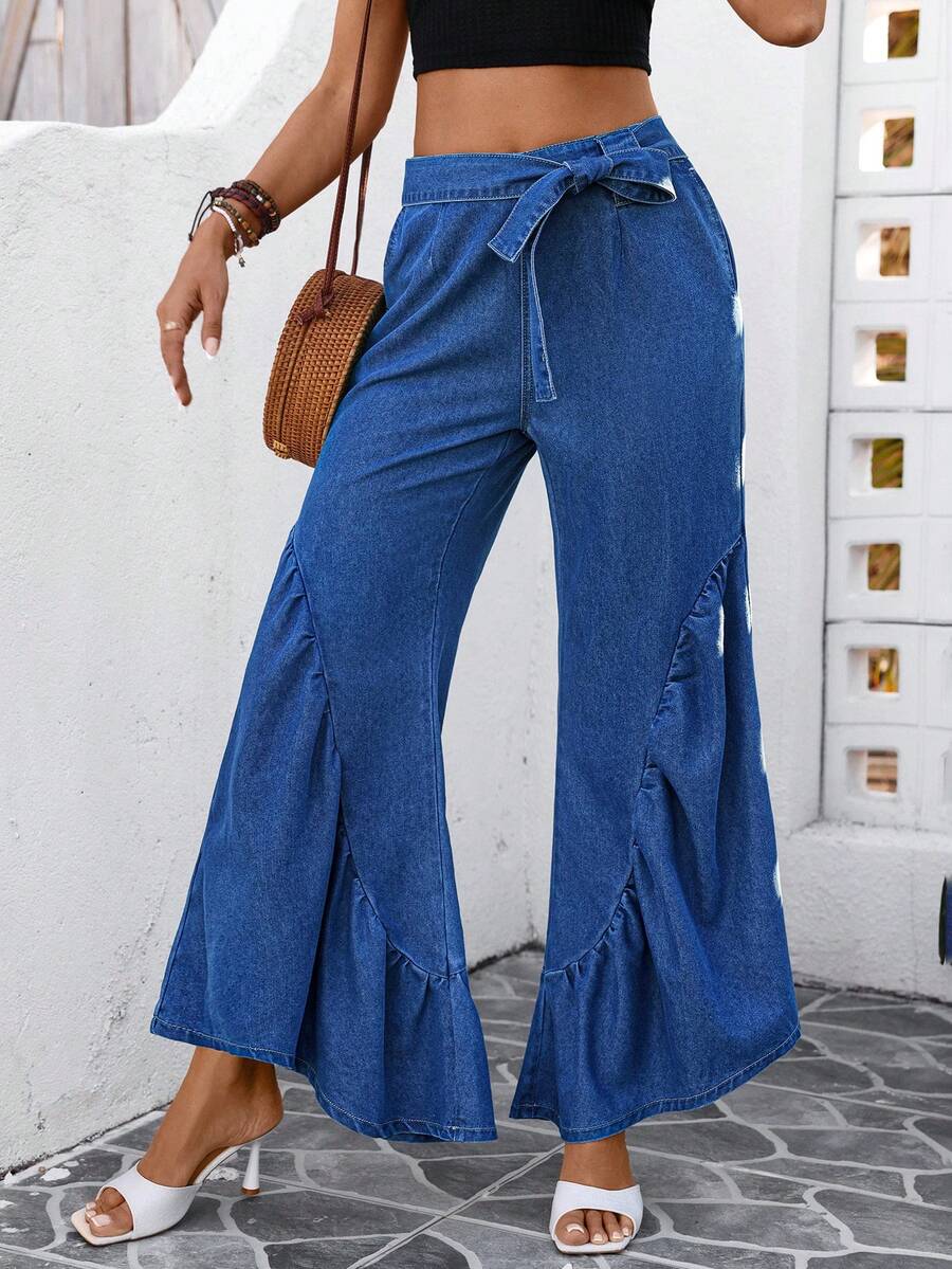 SHEIN Holidaya Quần jeans ống loe màu trơn, có bèo nhún thắt nút ở gấu quần. - Màu xanh lam - Xem 1