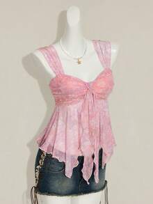 女士碎花不对称下摆可爱碎花衬衫，甜美夏秋上衣女装 - 淺粉色 - 查看 6