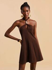 Travachic 女士纯色金属装饰优雅度假连衣裙 - 棕色 - 查看 5