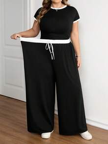 SHEIN CURVE+ Bộ áo thun và quần dài phối màu đen trắng tương phản dành cho nữ cỡ lớn. - màu đen - Xem 11