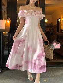 DAZY Women's Off-Shoulder Korean Style Ruffle Ombre Casual Mid-Length Dress - Pink - View 7