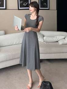 DAZY Women's Solid Color Round Neck Short Sleeve Dress Maxi Dress Sundress - Grey - View 5