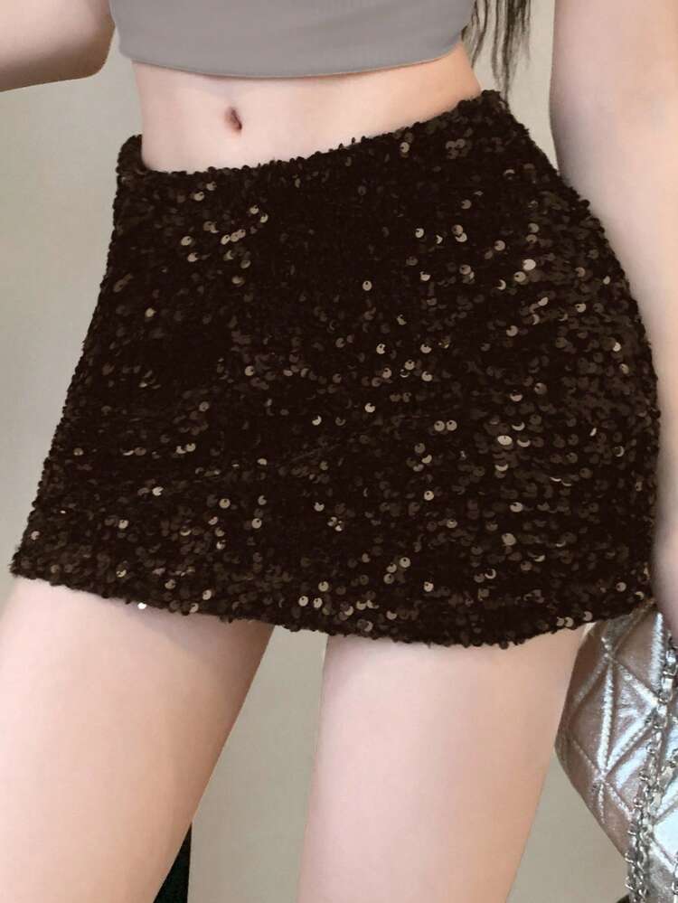 DAZY Women's Solid Color Low Waist Super Short Mini Skirt, All Season - Brown - View 1