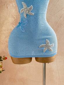 Soleia Vestido mini de escote cuadrado, ajustado y con lentejuelas con forma de estrella de mar, estilo vacacional, sexy y encantador, adecuado para primavera/verano - Celeste - Ver 5